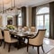 8 A traditional-style dining room with a mix of wooden and upholstered finishes, a classic candelabra chandelier, and a large, f