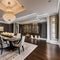 8 A traditional-style dining room with a mix of wooden and upholstered finishes, a classic candelabra chandelier, and a large, f