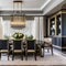 8 A transitional-style dining room with a mix of neutral and metallic finishes, a mix of upholstered and wooden chairs, and a la