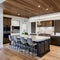 8 A transitional-style kitchen with a mix of white and wood finishes, a large island with seating, and a mix of open and closed
