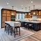 8 A transitional-style kitchen with a mix of white and wood finishes, a large island with seating, and a mix of open and closed