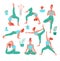 8 women in the yoga poses on colors sport closes on white background. Trend contemporary poster. Isolated characters.