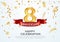 8 years anniversary vector banner template. Eight year jubilee with red ribbon and confetti on white background