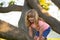 8 years old boy climbing high tree in the park. Overcoming the fear of heights. Happy childhood. Kid trying to climbing