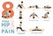 8 Yoga poses or asana posture for workout in Hip and Lower Back Pain concept. Women exercising for body stretching. Fitness Vector