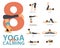 8 Yoga poses for workout at home in concept of yoga for calming in flat design. Woman exercising for body stretching.