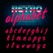 80`s retro alphabet font. Glow effect shiny lowercase letters.