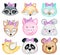 8022 Cute felt watercolor animal kids. Animal kid heads and decoration for girl baby design.