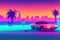 80s retro futuristic drive, vintage car. Synthwave sci-fi landscape. Retrowave style, night sky. Vaporwave. Generative AI