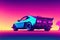 80s retro futuristic drive, vintage car. Synthwave sci-fi landscape. Retrowave style, night sky. Vaporwave. Generative AI