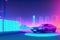 80s retro futuristic drive, vintage car. Synthwave sci-fi landscape. Retrowave style, night sky. Vaporwave. Generative AI