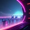 80s retro futuristic sci-fi., nostalgic 90s. Night and sunset neon colors, cyberpunk vintage illustration. Sun