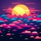 80s retro futuristic sci-fi., nostalgic 90s. Night and sunset neon colors, cyberpunk vintage illustration. Sun