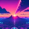 80s retro futuristic sci-fi., nostalgic 90s. Night and sunset neon colors, cyberpunk vintage illustration. Sun