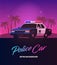 80s retro neon gradient background. Vintage police car. Palms and city. Tv glitch effect. Sci-fi beach.