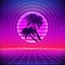 80s Retro Sci-Fi Background with Palms. Vector futuristic synth retro wave illustration in 1980s posters style