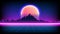 80s Retro Sci-Fi Background with Sunrise or Sunset night sky with stars, mountains landscape infinite horizon mesh in