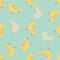 80s seamless doodle pattern with roller elements. Random doodle shoes print in yellow color on blue background