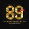 89th anniversary years celebration logotype. Logo ribbon gold number and red ribbon on black background.