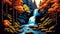 8bit pixel art waterfall cascade and autumn forest