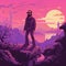 8bit Synthwave Sunset: Pixelart Illustration Of A Man On A Hill