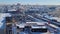 8K City panorama. Cold and sunny winters day. -16 C Temperature formed frost on trees.