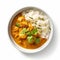 8k Resolution Chicken Curry With Rice And Coriander On White Canvas