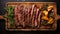 8k Top View Of Delicious Steak Slices On Wooden Tray