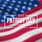 9/11 Patriot Day banner with blurred American flag and text We will never forget.