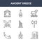 9 ancient greece icons pack. trendy ancient greece icons on white background. thin outline line icons such as papyrus, axe, olive