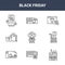 9 black friday icons pack. trendy black friday icons on white background. thin outline line icons such as cashier machine,