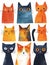 9 cats, funky cats, illustration, white background, nine cat, happy and sympathetic charisma