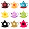 9 differently colored teapots with clocks