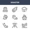9 disaster icons pack. trendy disaster icons on white background. thin outline line icons such as windy, burning house, meteor .