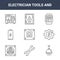 9 electrician tools and icons pack. trendy electrician tools and icons on white background. thin outline line icons such as lamp,