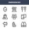 9 emergencies icons pack. trendy emergencies icons on white background. thin outline line icons such as life jacket, emergency,