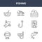 9 fishing icons pack. trendy fishing icons on white background. thin outline line icons such as shrimp, radar, fishing baits .