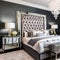 9 A glamorous bedroom with a mirrored dresser, a tufted headboard, and metallic accents1, Generative AI