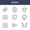 9 hockey icons pack. trendy hockey icons on white background. thin outline line icons such as mouth guard, sports announcer,