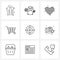 9 Interface Line Icon Set of modern symbols on aim, shopping, heart, cart, romantic