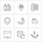 9 Interface Line Icon Set of modern symbols on camera, health, phone, food, map