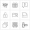 9 Interface Line Icon Set of modern symbols on car, folder, email, bookmark, unlock