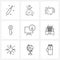 9 Interface Line Icon Set of modern symbols on screen, downloading, cup, down arrow, lock