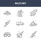 9 military icons pack. trendy military icons on white background. thin outline line icons such as ak, battleship, radio speaker .