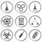 9 science black and white circle icons