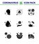 9 Solid Glyph Black Coronavirus Covid19 Icon pack such as protect hands, type, avoid, drop, team