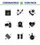 9 Solid Glyph Black Coronavirus disease and prevention vector icon healthcare, spray, call, medication, gestures