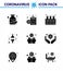 9 Solid Glyph Black Coronavirus disease and prevention vector icon medical, hands, test, patient, fraction