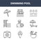 9 swimming pool icons pack. trendy swimming pool icons on white background. thin outline line icons such as coconut drink, sunbed