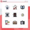 9 Universal Filledline Flat Color Signs Symbols of bathroom, photographic objective, alert, photographic lenses, camera lenses